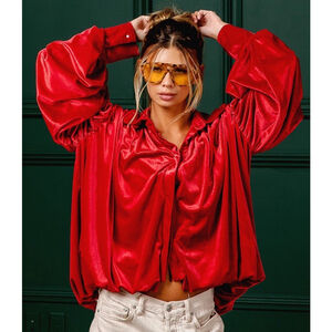 BiBi Red Velvet Button-Up Blouse XL